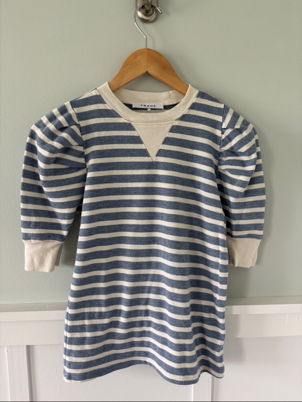 FRAME Striped Knit Top in Blue and Cream